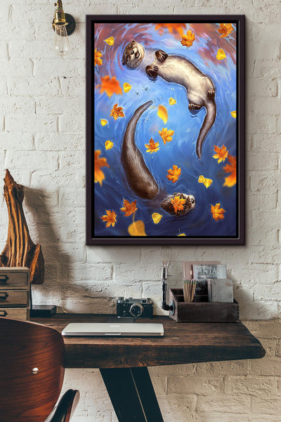Otter Couple Swimming In Autumn Cute Gift For Husband And Wife In Wedding Anniversary Framed Canvas