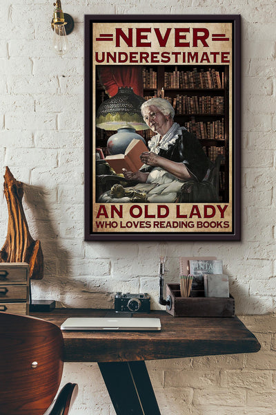 Never Underestimate Old Lady Loves Reading Books Gift For Books Lover Library Decor Framed Canvas