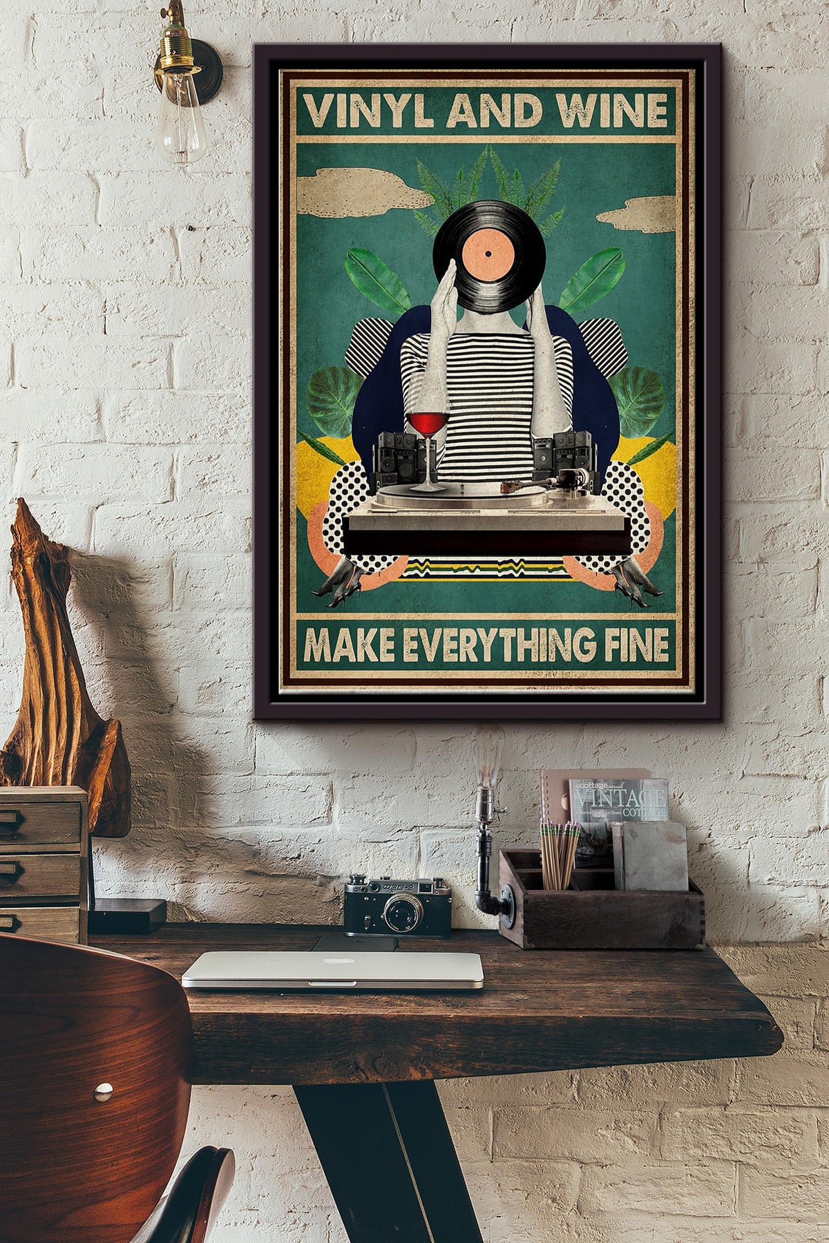 Vinyl And Red Wine Make Everything Fine Poster Framed Matte Canvas