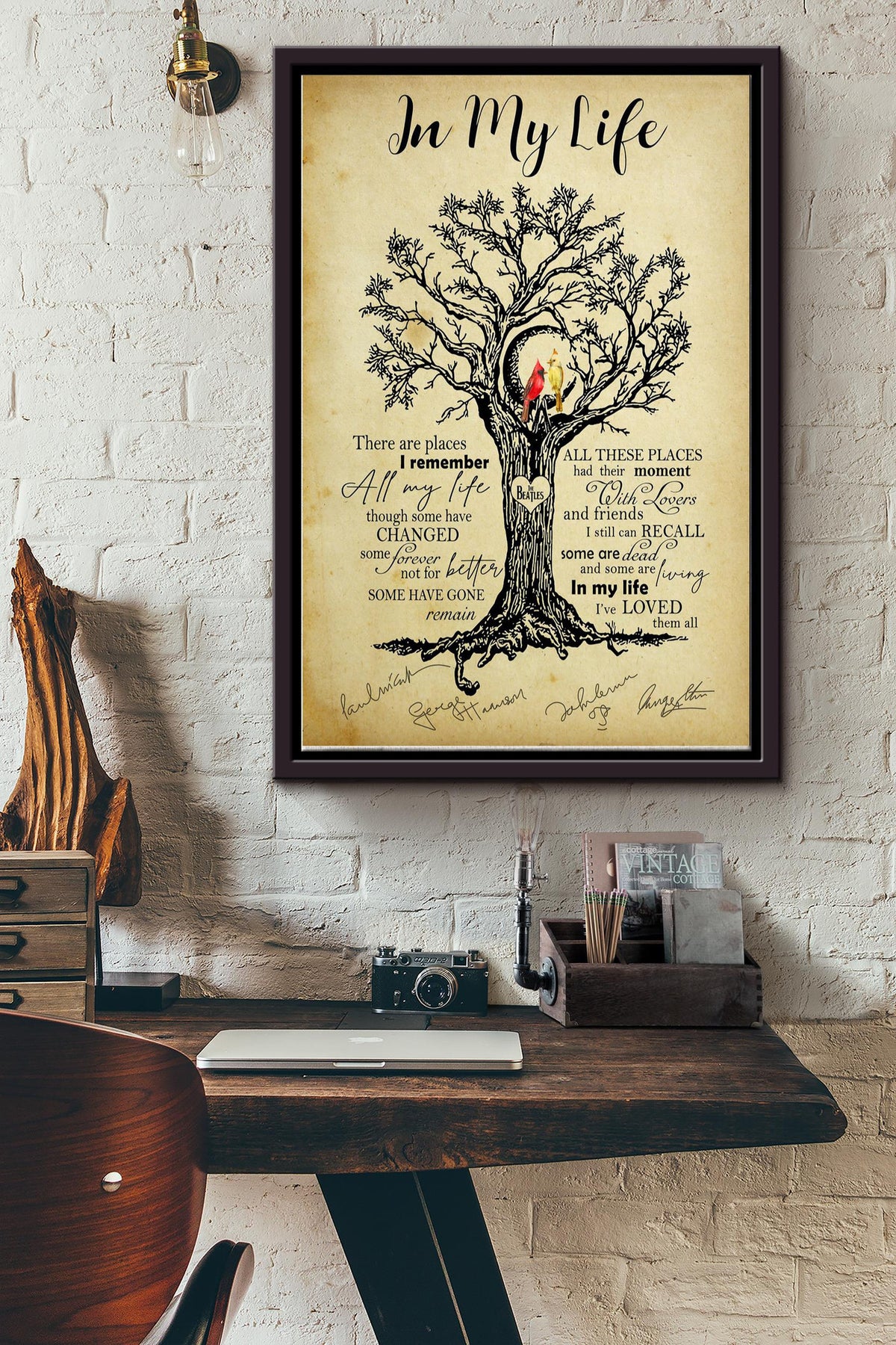 Music In My Life Lyrics Cardinals Tree Love Signatures Poster Framed Matte Canvas