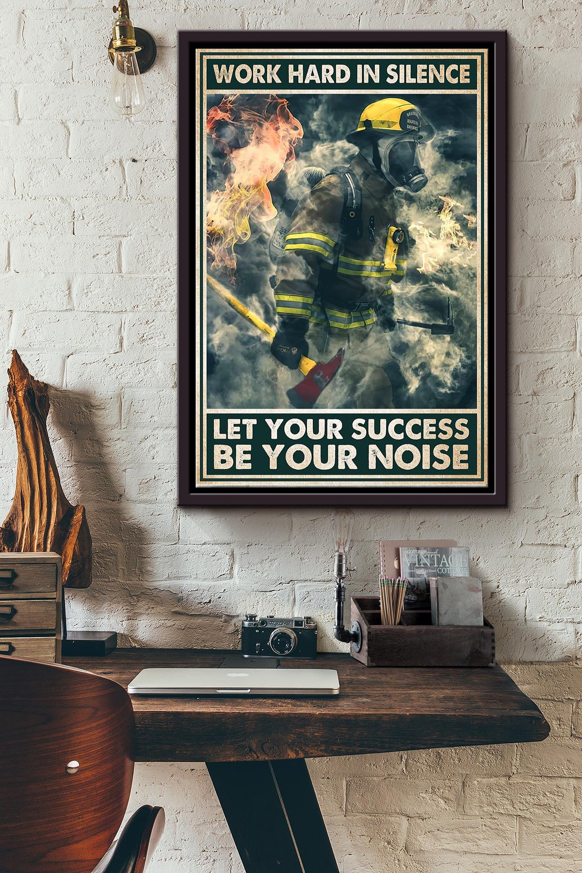 Work Hard In Silence Let Your Success Be Your Noise Firefighter Poster Framed Matte Canvas