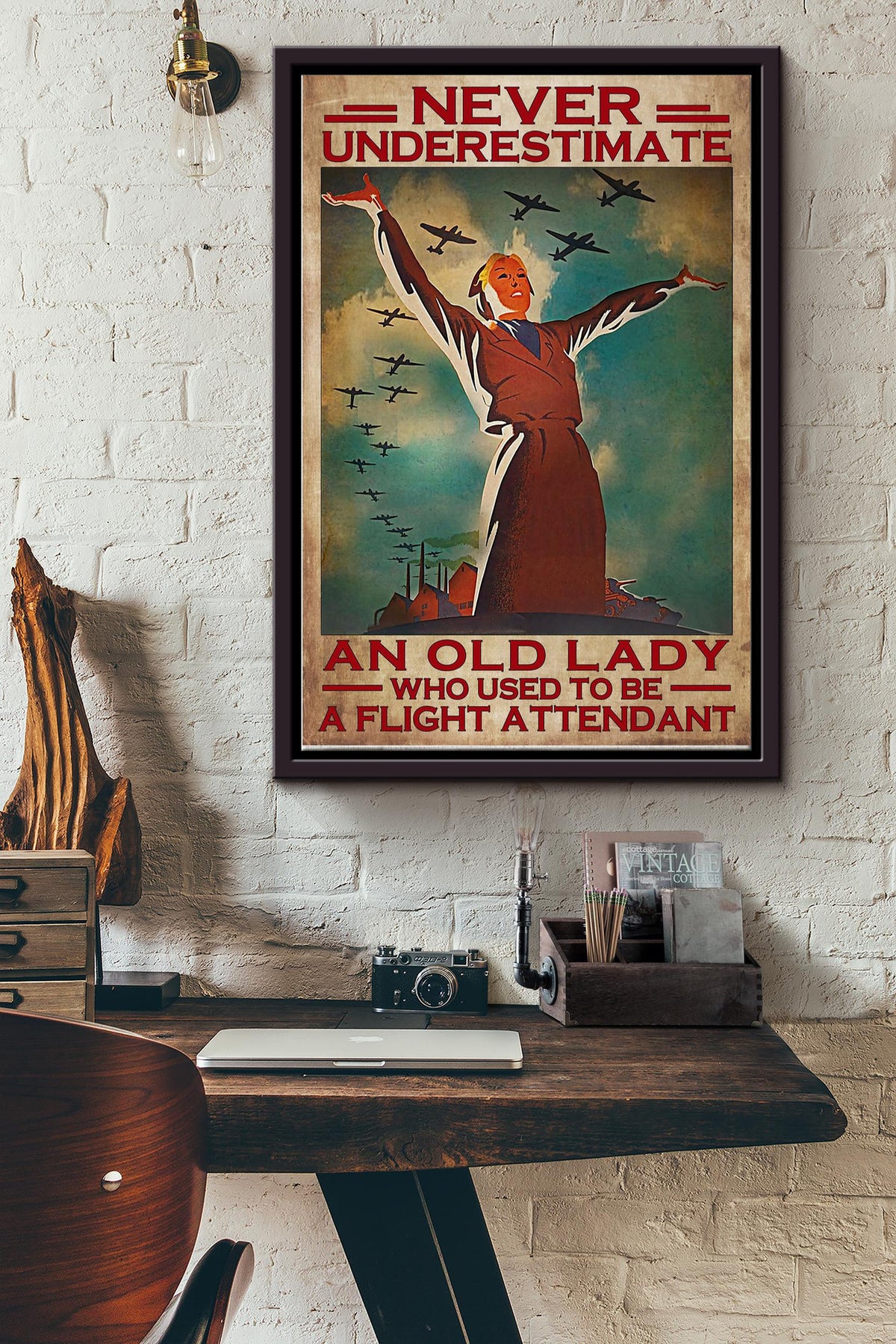 Never Underestimate An Old Lady Who Used To Be A Flight Attendant Poster Framed Matte Canvas