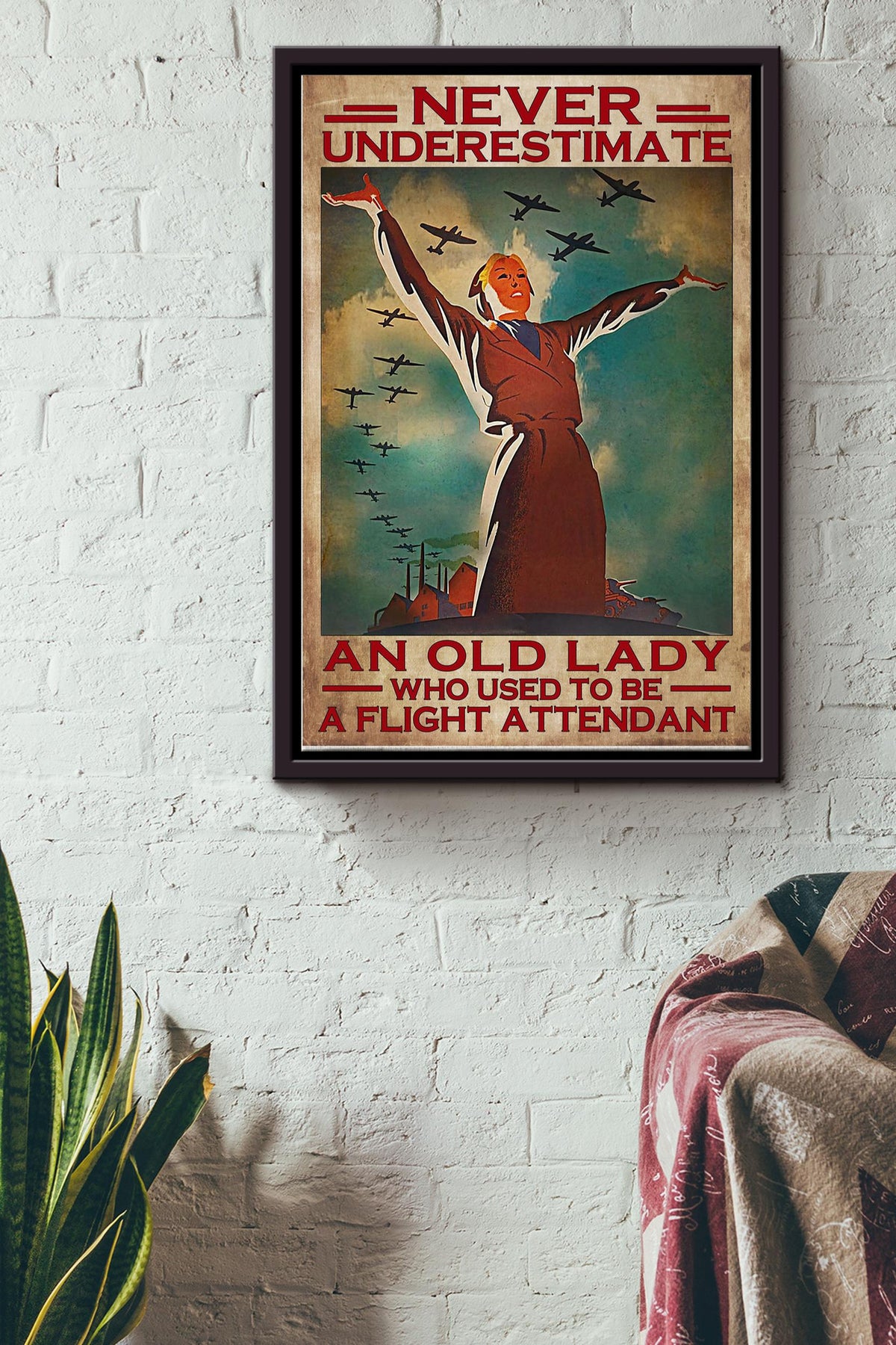 Never Underestimate An Old Lady Who Used To Be A Flight Attendant Poster Framed Matte Canvas