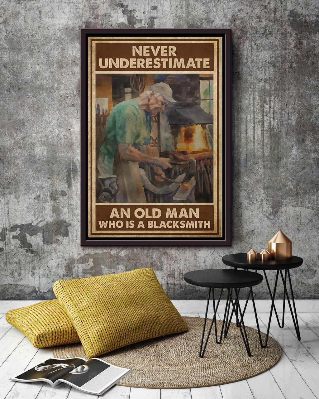 Never Underestimate An Old Man Who Is A Blacksmith Wall Art Gift For Grandfather Framed Matte Canvas Framed Prints, Canvas
