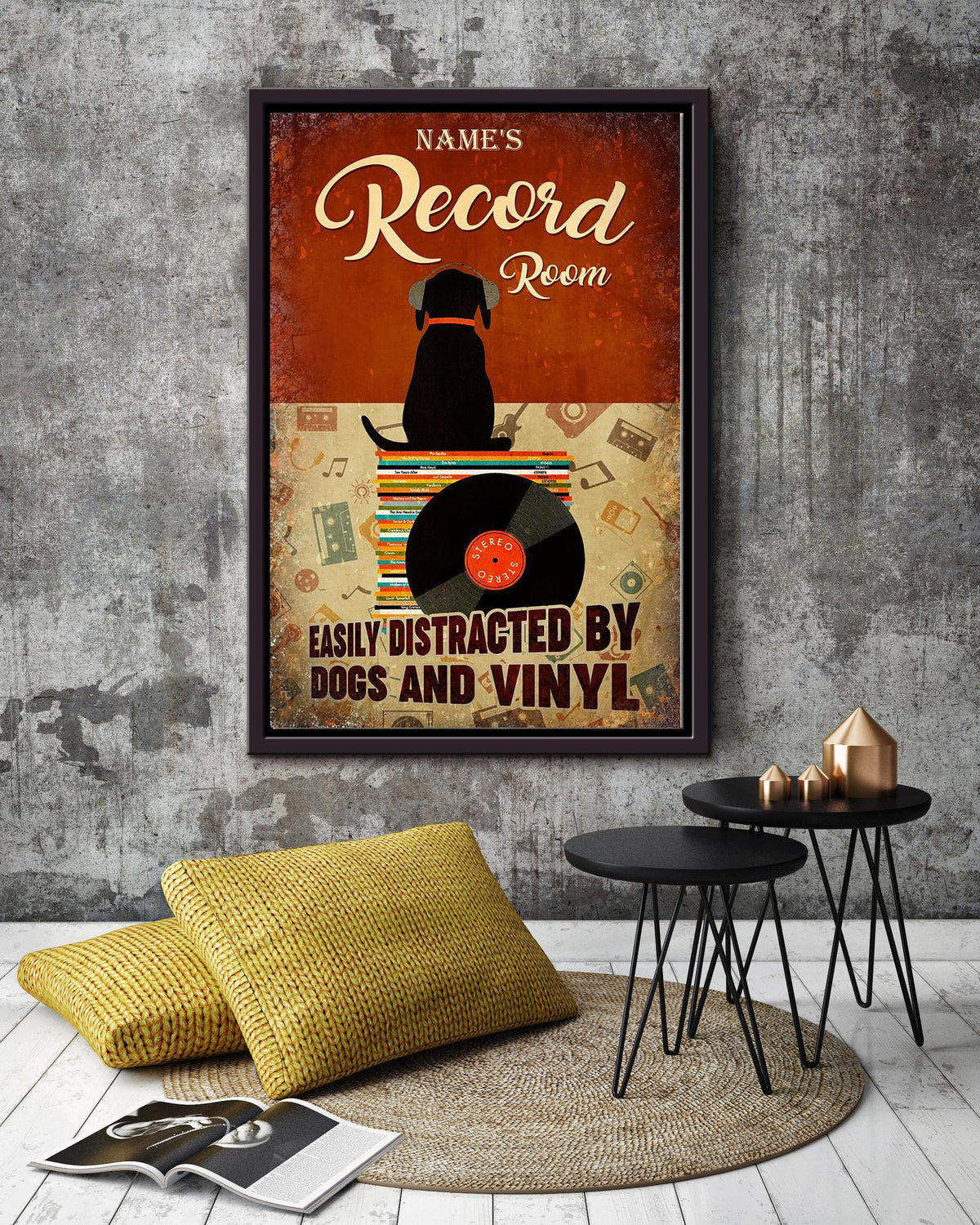 Personalized Dog Easily Distracted By Dogs And Vinyl Dog Wall Art For Home Record Room Decor Framed Matte Canvas Framed Prints, Canvas