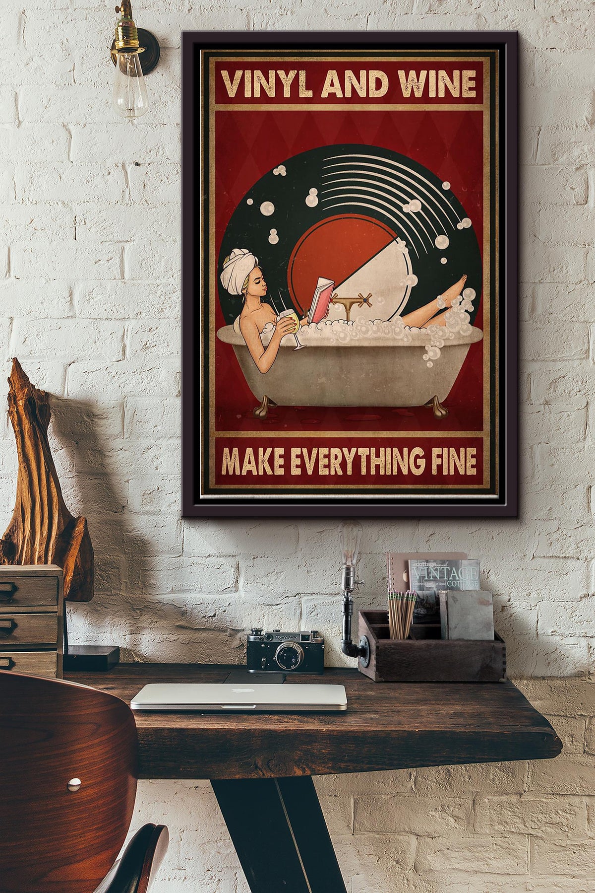 Vinyl And White Wine Make Everything Fine Girl Reading Book And Taking Shower Poster Framed Matte Canvas