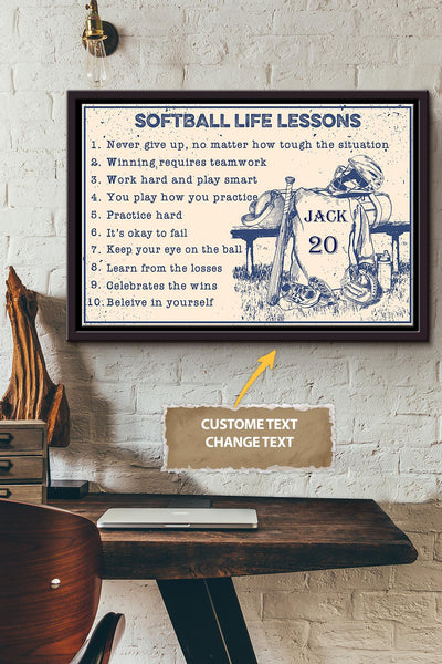 Softball Life Lessons Personalized Poster - Sport Wall Art - Gift For Softball Player Girl Framed Matte Canvas Framed Prints, Canvas