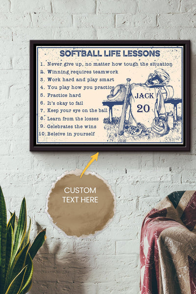 Softball Life Lessons Personalized Poster - Sport Wall Art - Gift For Softball Player Girl Framed Matte Canvas Framed Prints, Canvas