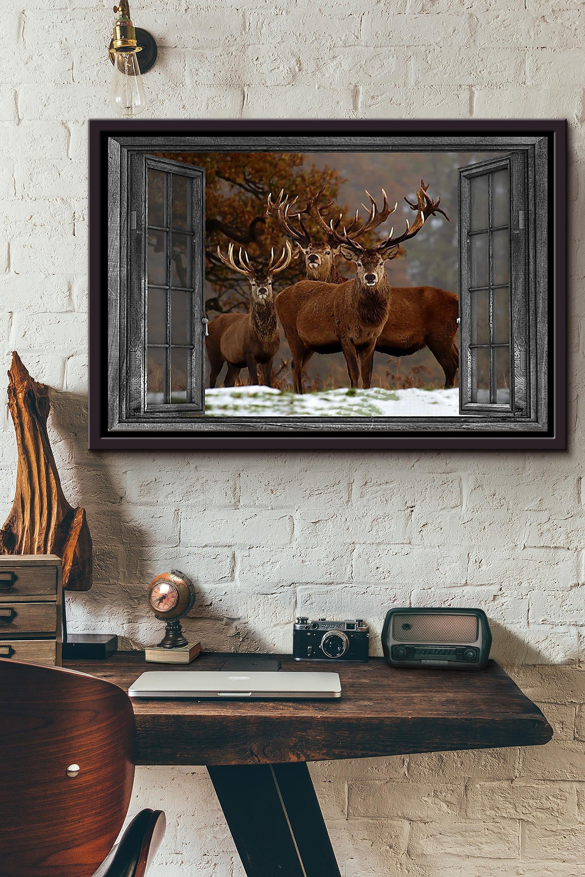 Wildlife Deer In The Winter Forest Poster n Framed Matte Canvas