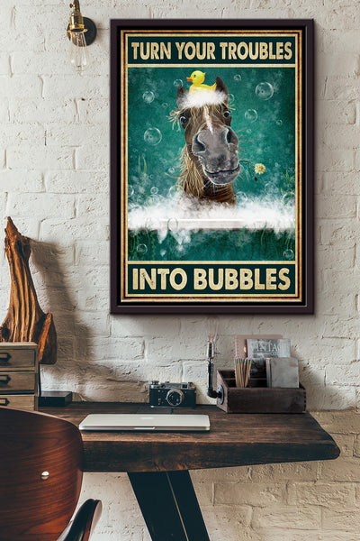 Turn Your Troubles Into Bubbles Horse Taking Shower Poster Framed Matte Canvas
