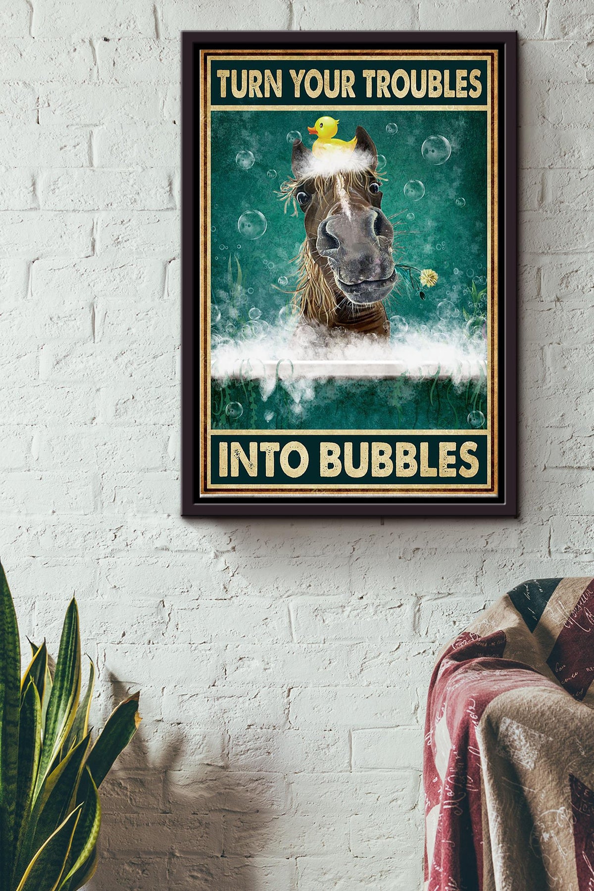 Turn Your Troubles Into Bubbles Horse Taking Shower Poster Framed Matte Canvas