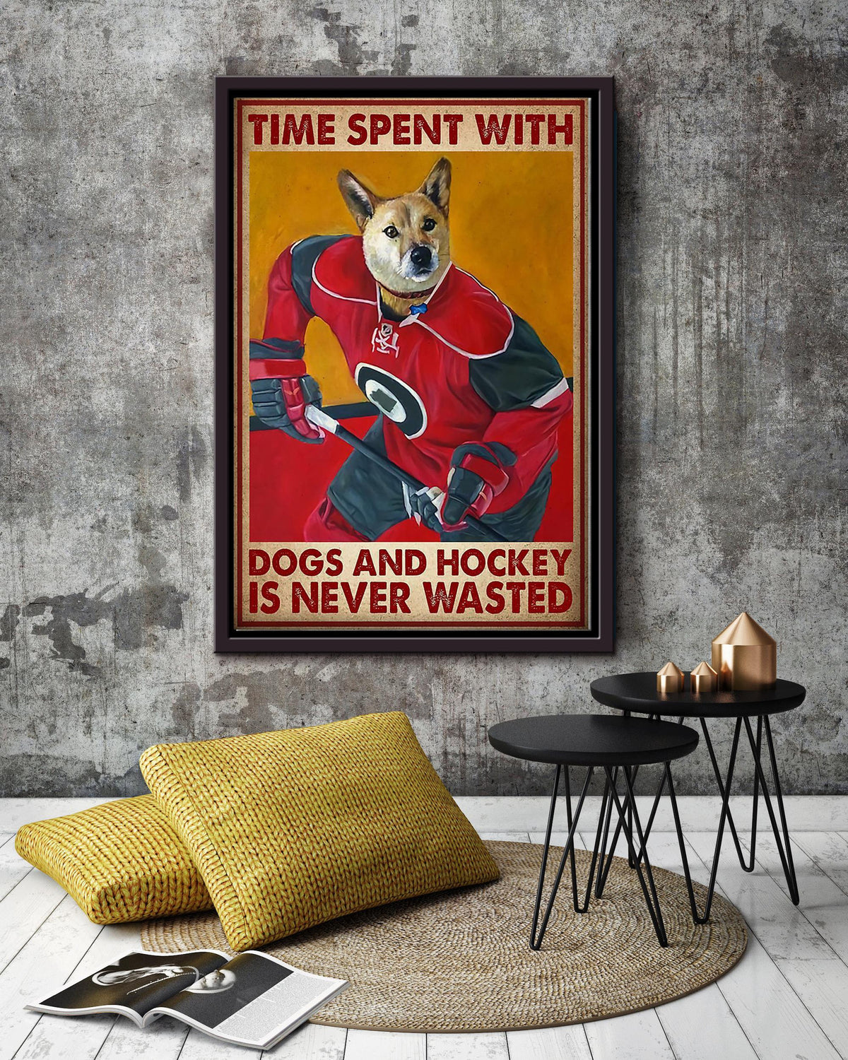Shepherd Time Spent With Dogs And Hockey Is Never Wasted Dog Wall Art For Home Decor Gift For Dog Lover Hockey Player Framed Matte Canvas Framed Prints, Canvas