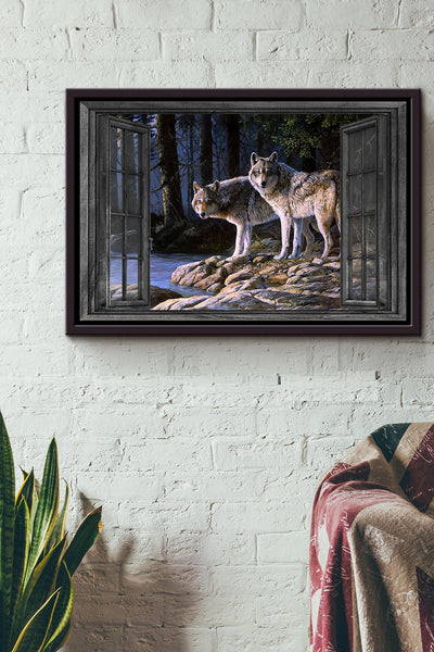 Window View Wolf In The Forest Poster n Framed Matte Canvas