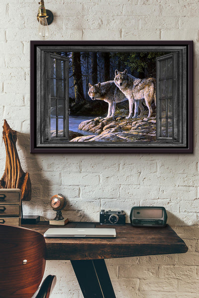 Window View Wolf In The Forest Poster n Framed Matte Canvas