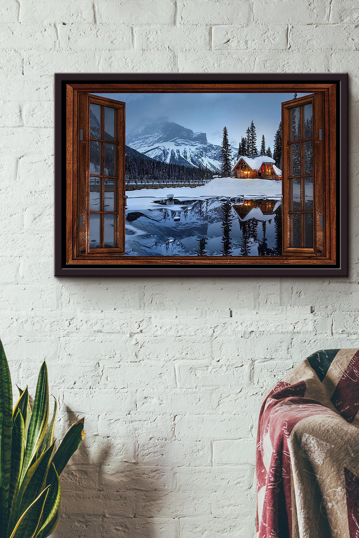 Window View Lake Village Winter Poster n Framed Matte Canvas