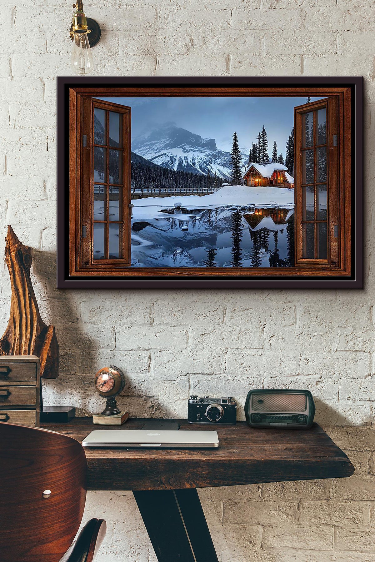 Window View Lake Village Winter Poster n Framed Matte Canvas