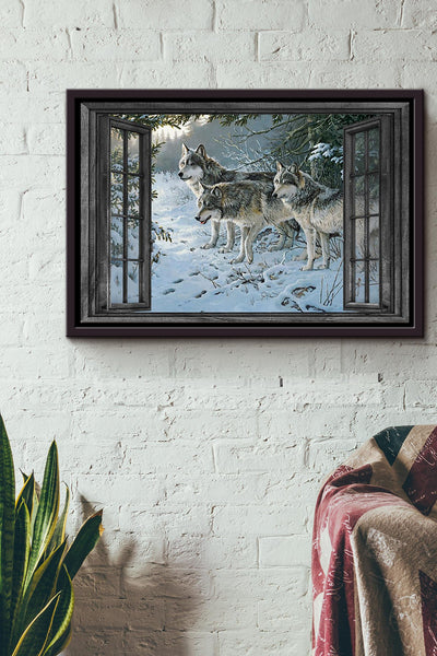 Window View Wolf In The Snow Forest Poster n Framed Matte Canvas