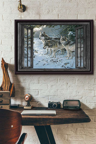Window View Wolf In The Snow Forest Poster n Framed Matte Canvas