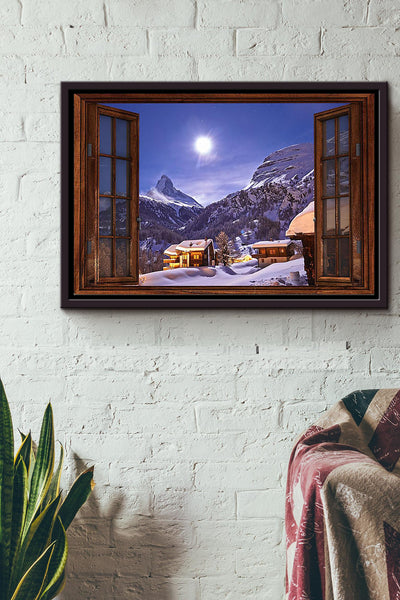 Village Under The Snow Mountain At Night Window View Poster n Framed Matte Canvas