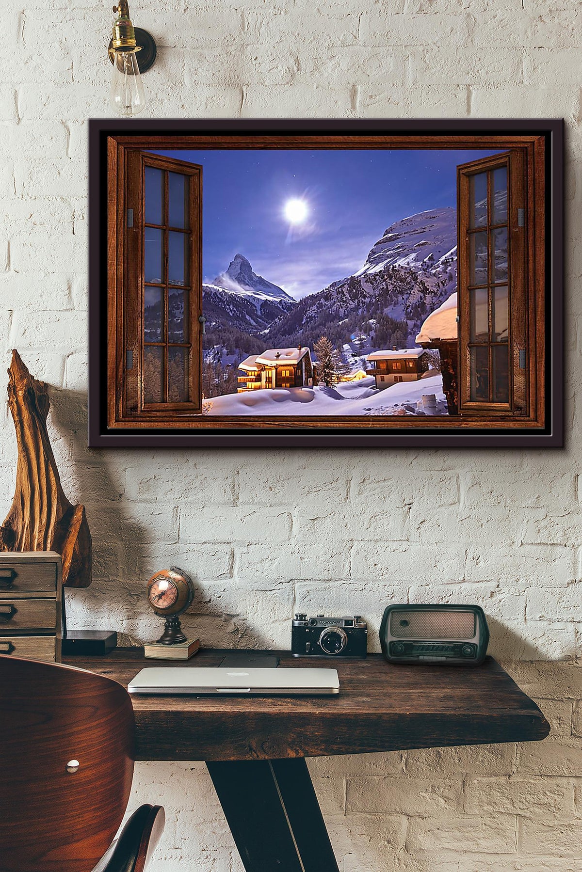 Village Under The Snow Mountain At Night Window View Poster n Framed Matte Canvas