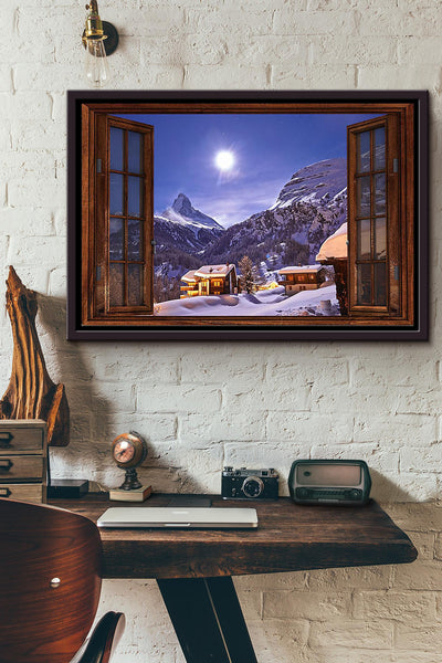 Village Under The Snow Mountain At Night Window View Poster n Framed Matte Canvas