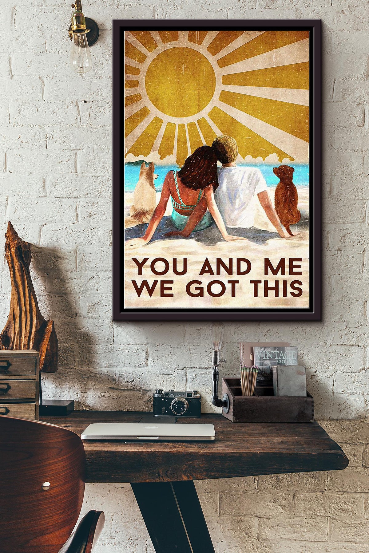 You And Me We Got This Couple On The Beach With Their Dogs Poster Framed Matte Canvas