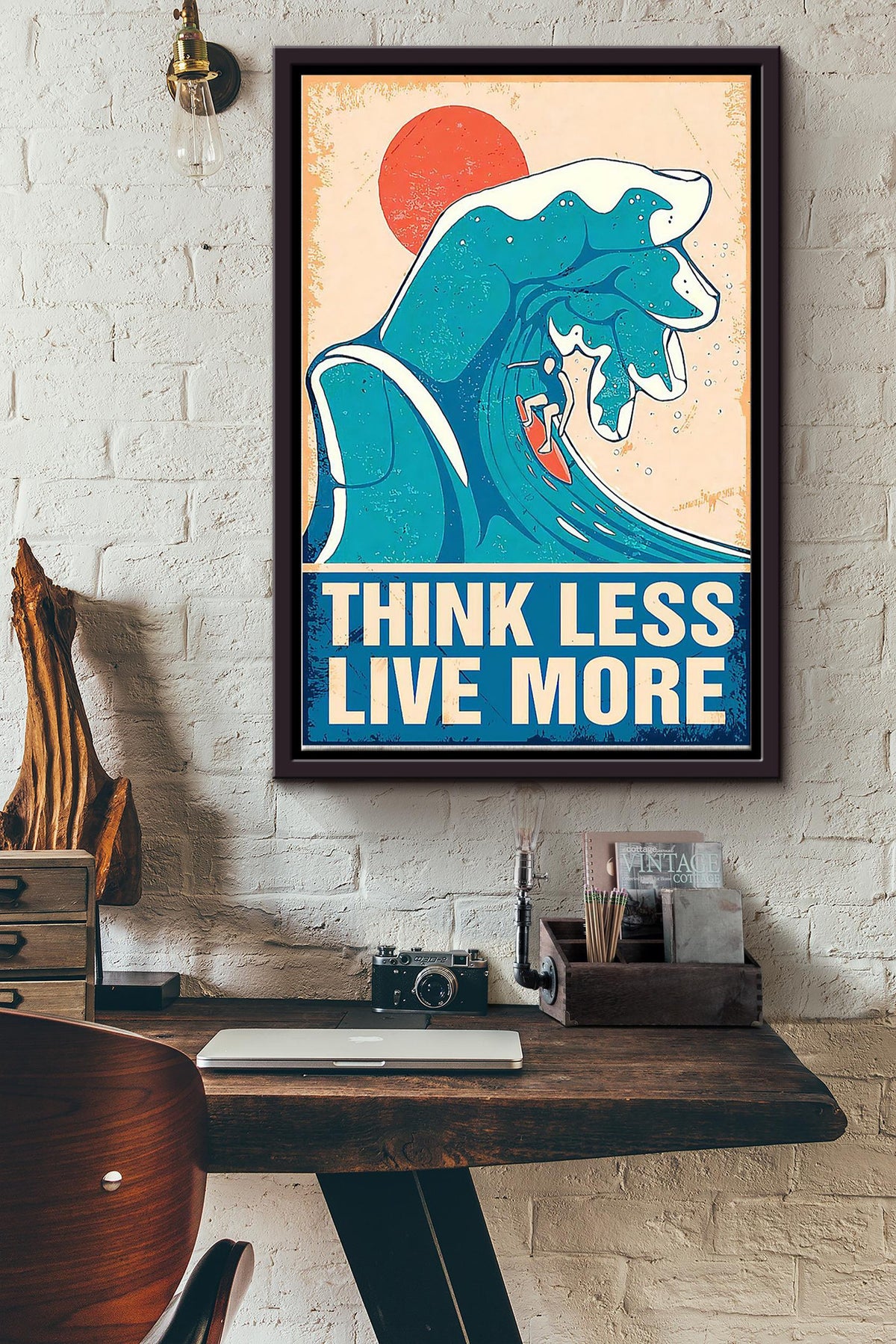Think Less Live More Surfing Vintage Poster Framed Matte Canvas