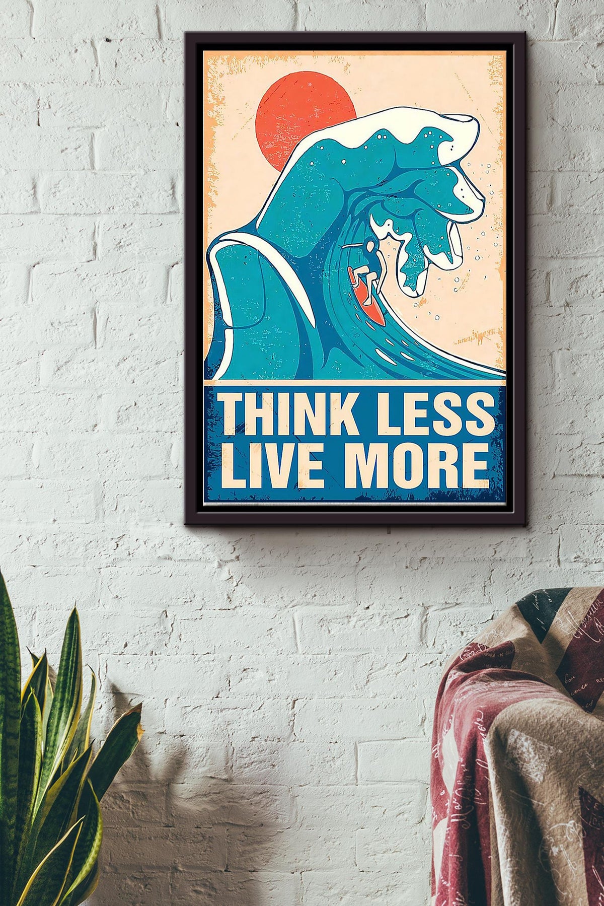 Think Less Live More Surfing Vintage Poster Framed Matte Canvas