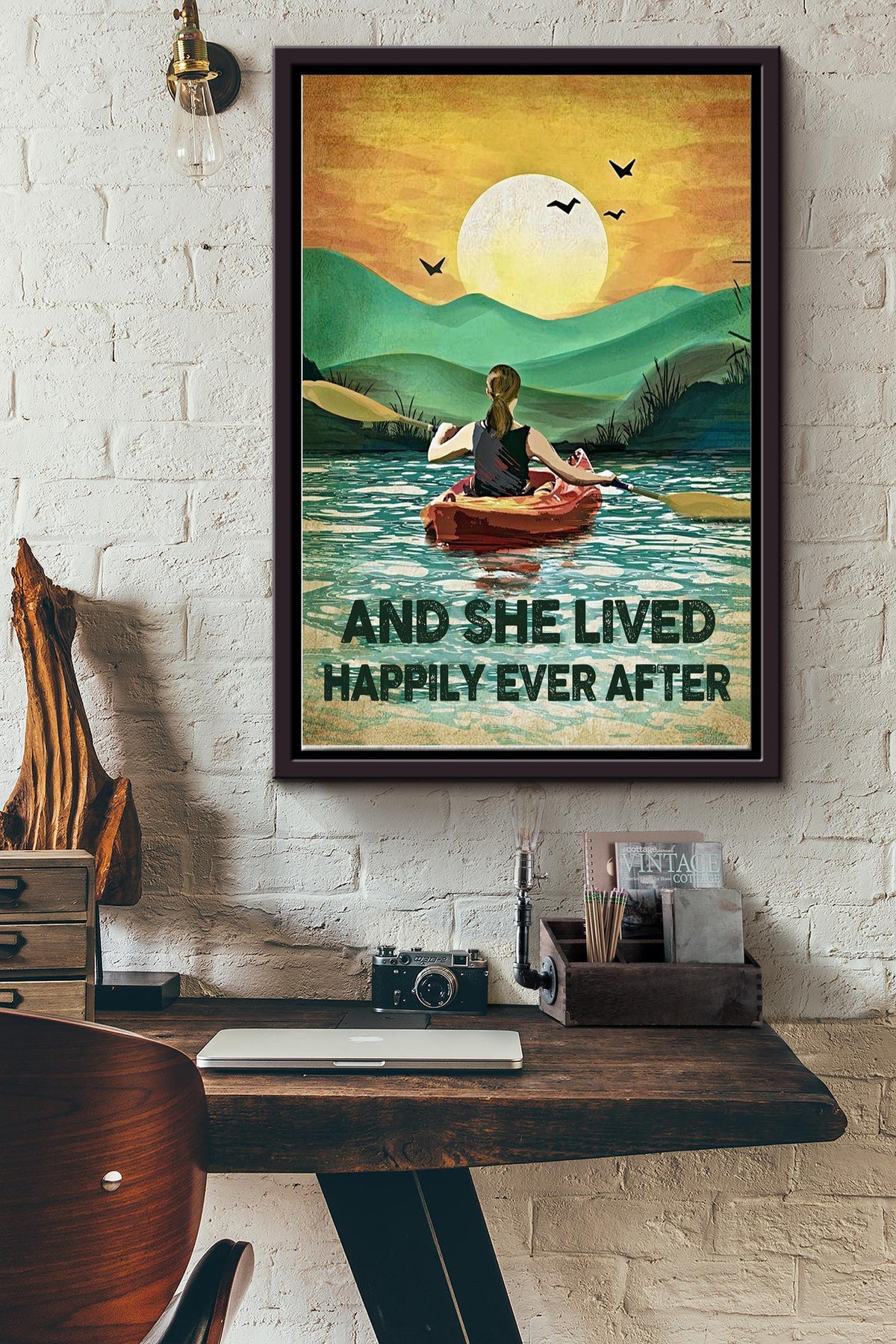 She Lived Happily Ever After Vintage Poster - Decor Wall Art - Gift For Athletes Kayaker Kayaking Lover Traveling Lover Framed Matte Canvas Framed Prints, Canvas