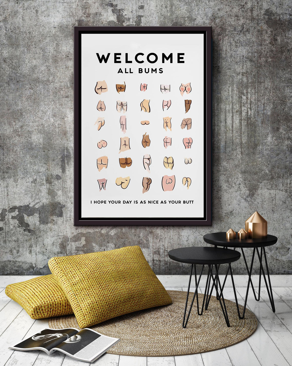 Welcome All Bums Funny Humanity Quote For Home Decor Housewarming Framed Canvas