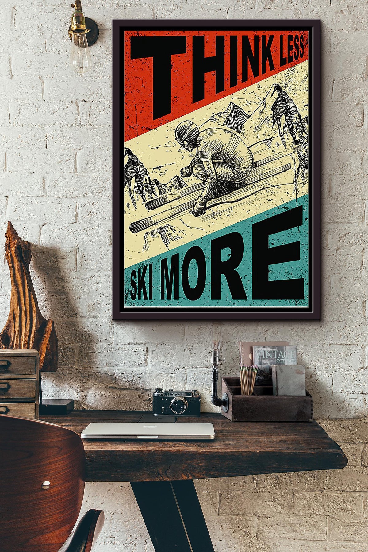 Think Less Live More Skiing Vintage Poster Framed Matte Canvas
