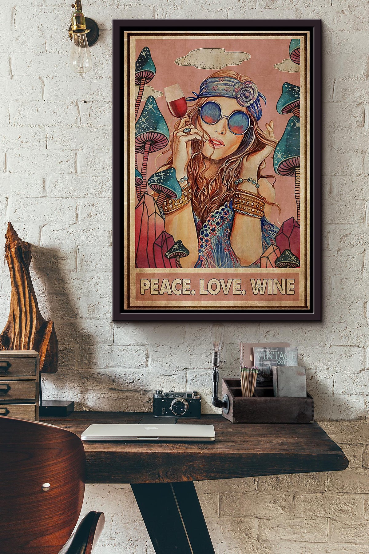 Hippie Mushroom Peace Love Wine Poster Framed Matte Canvas
