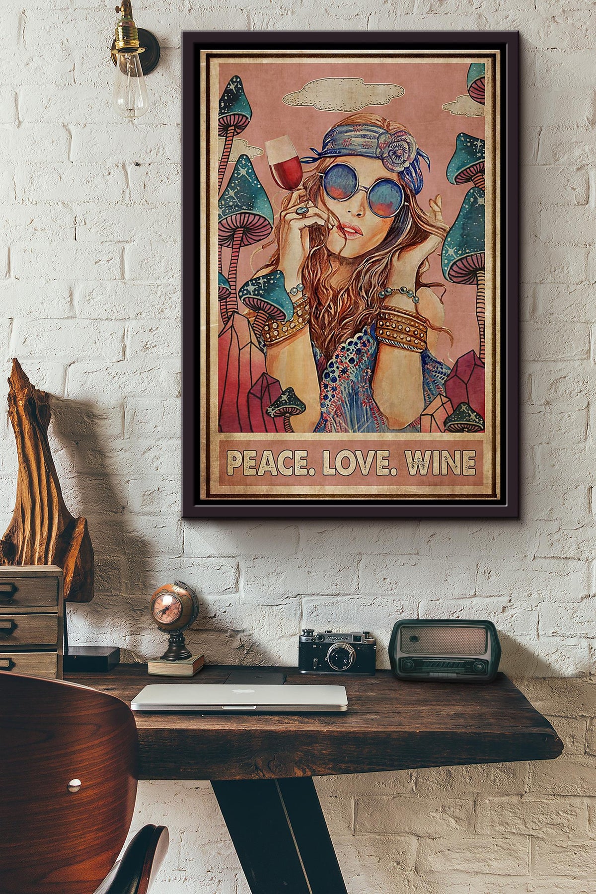 Hippie Mushroom Peace Love Wine Poster Framed Matte Canvas