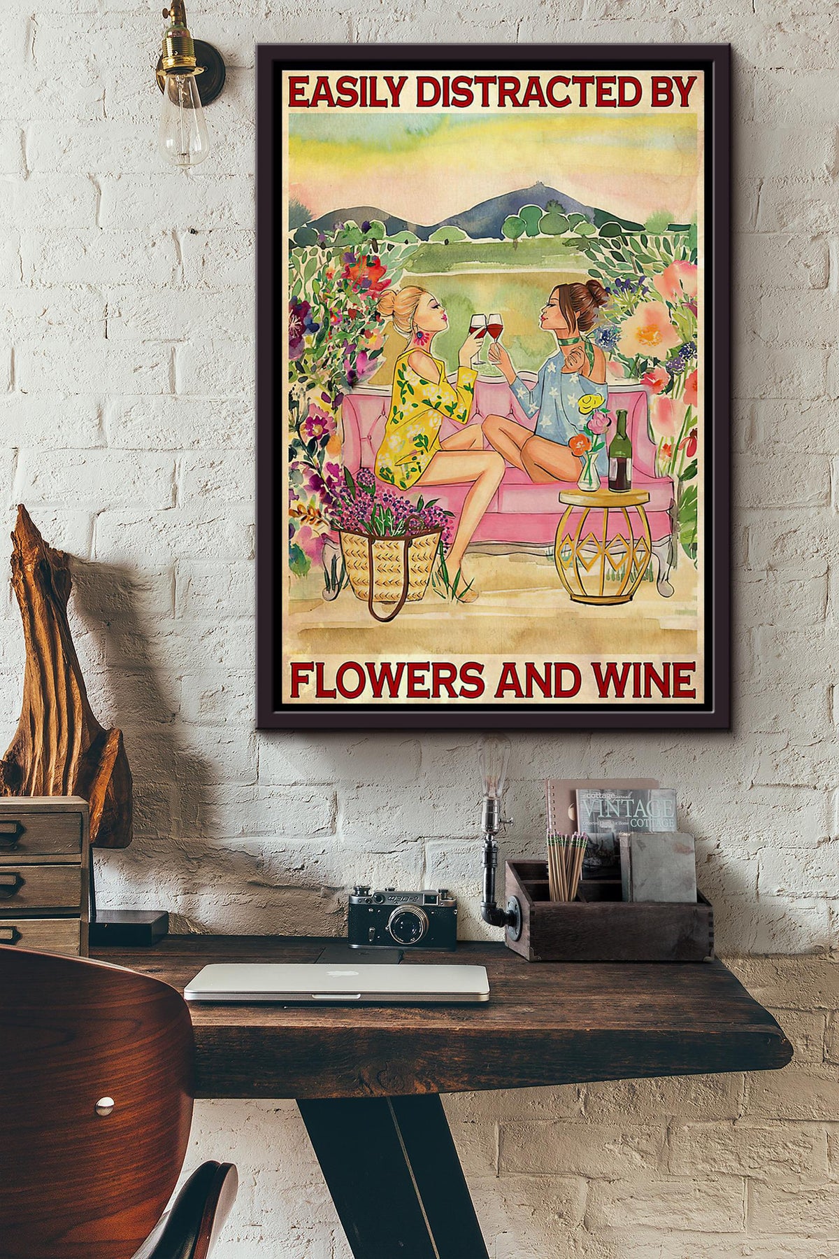 Besties Easily Distracted By Flowers And Wine Poster Framed Matte Canvas