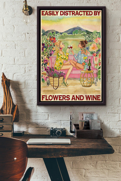 Besties Easily Distracted By Flowers And Wine Poster Framed Matte Canvas