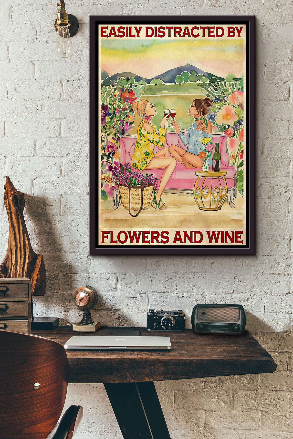 Besties Easily Distracted By Flowers And Wine Poster Framed Matte Canvas