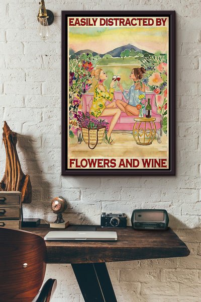Besties Easily Distracted By Flowers And Wine Poster Framed Matte Canvas