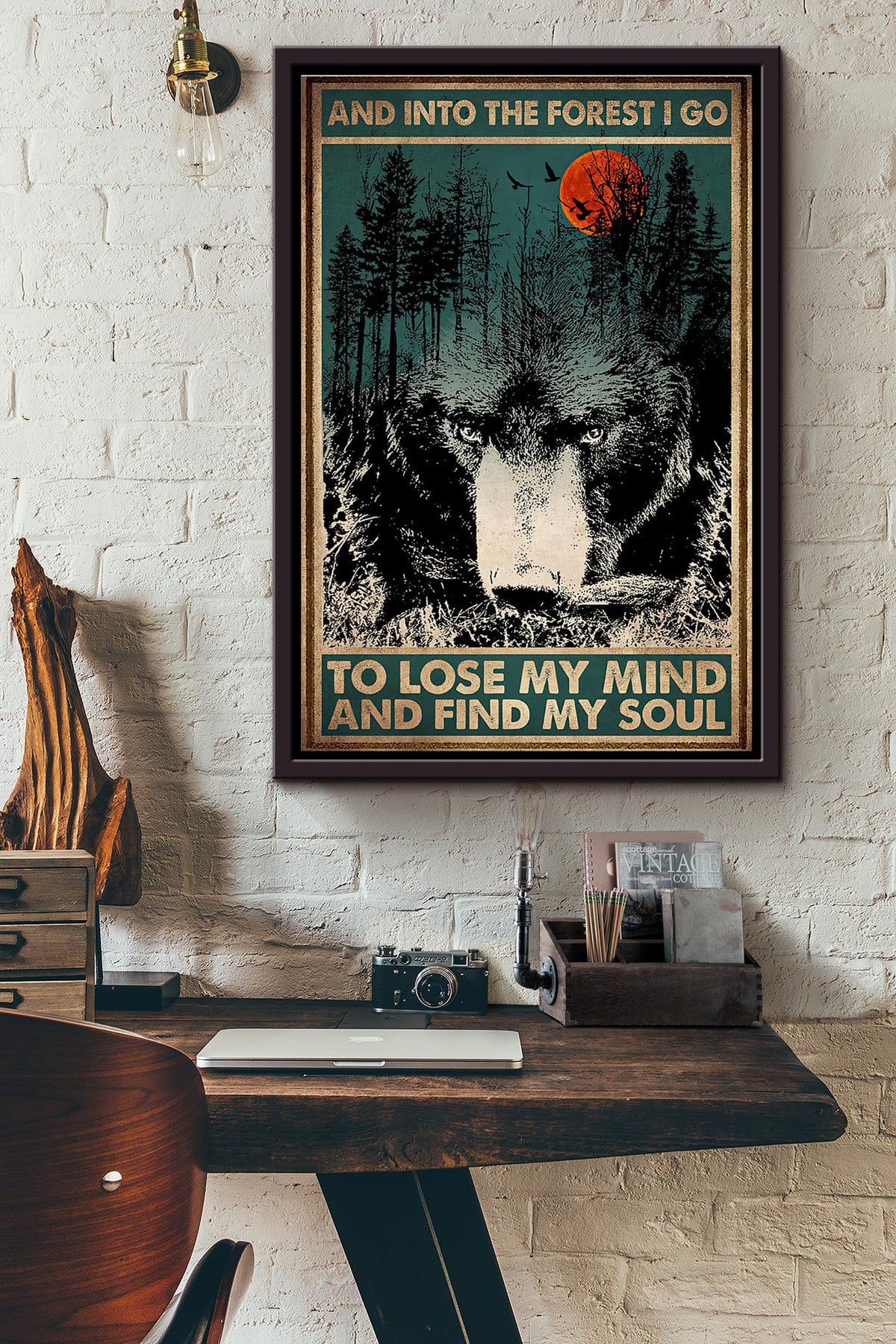 Wolf Looking Into The Forest I Lose My Mind Blood Moon Poster Framed Matte Canvas