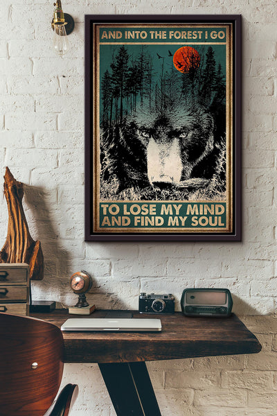 Wolf Looking Into The Forest I Lose My Mind Blood Moon Poster Framed Matte Canvas