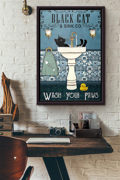 Black Cat And Sink Wash Your Paws Poster Framed Matte Canvas