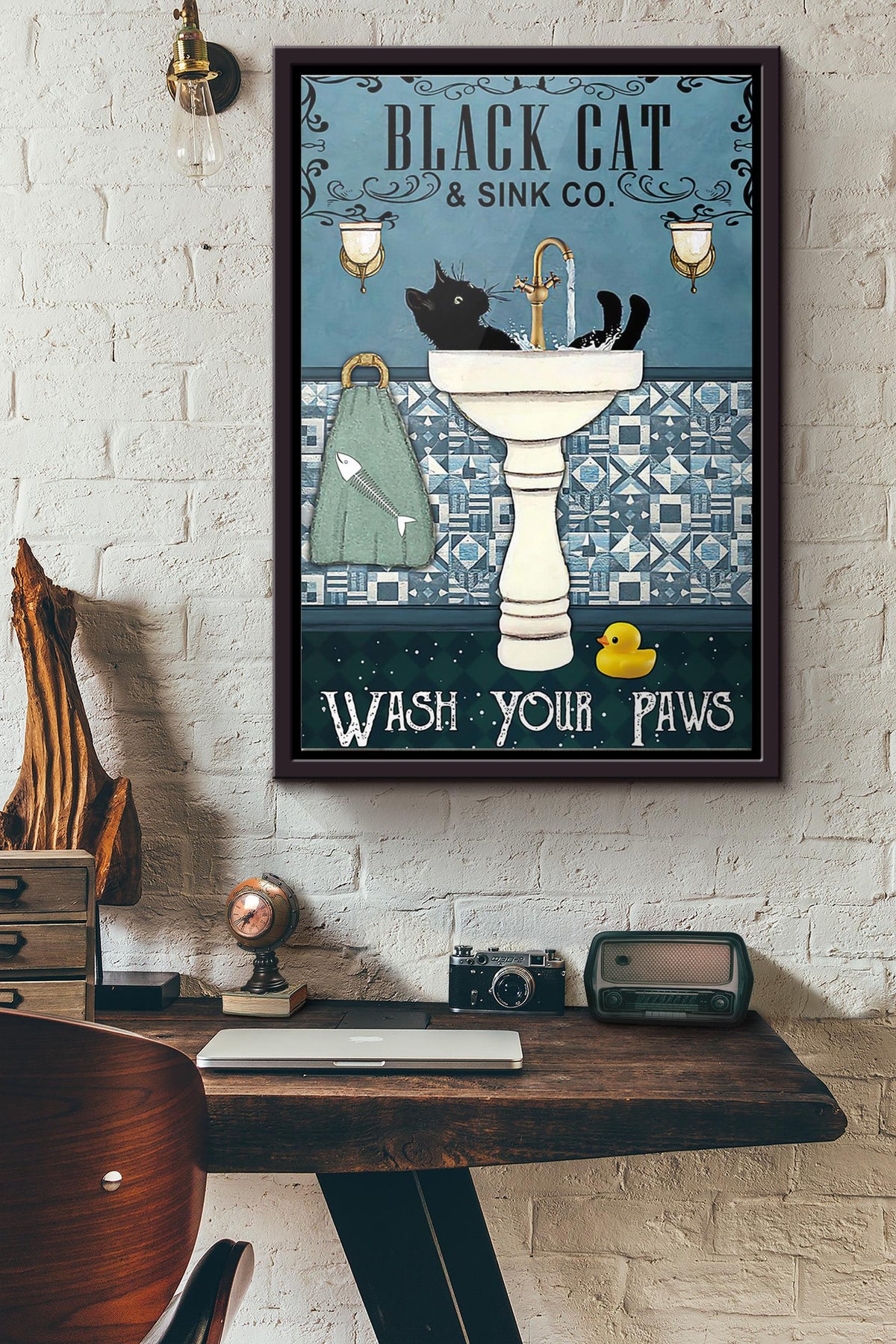 Black Cat And Sink Wash Your Paws Poster Framed Matte Canvas
