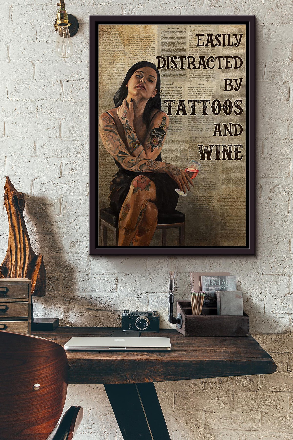 Easily Distracted By Tattoos And Wine Dictionary Poster Framed Matte Canvas