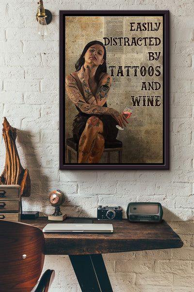 Easily Distracted By Tattoos And Wine Dictionary Poster Framed Matte Canvas