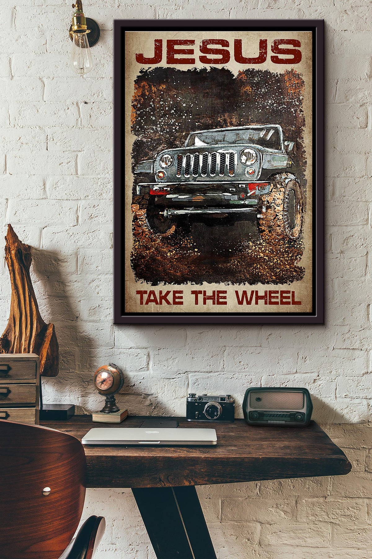 Jesus Take The Wheel Car Racing Poster Framed Matte Canvas
