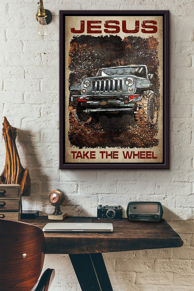 Jesus Take The Wheel Car Racing Poster Framed Matte Canvas