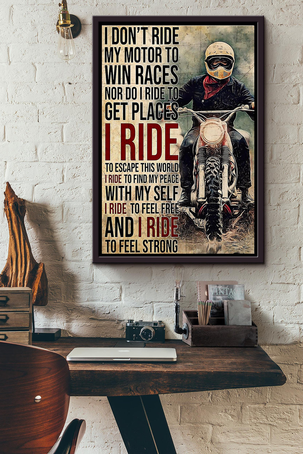I Ride My Motor To Escape This World Poster Framed Matte Canvas