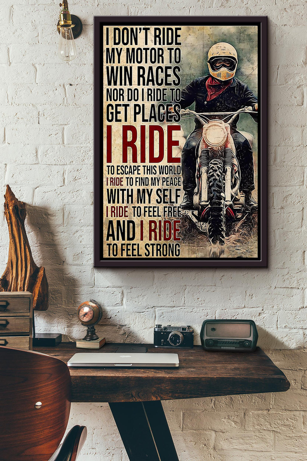 I Ride My Motor To Escape This World Poster Framed Matte Canvas