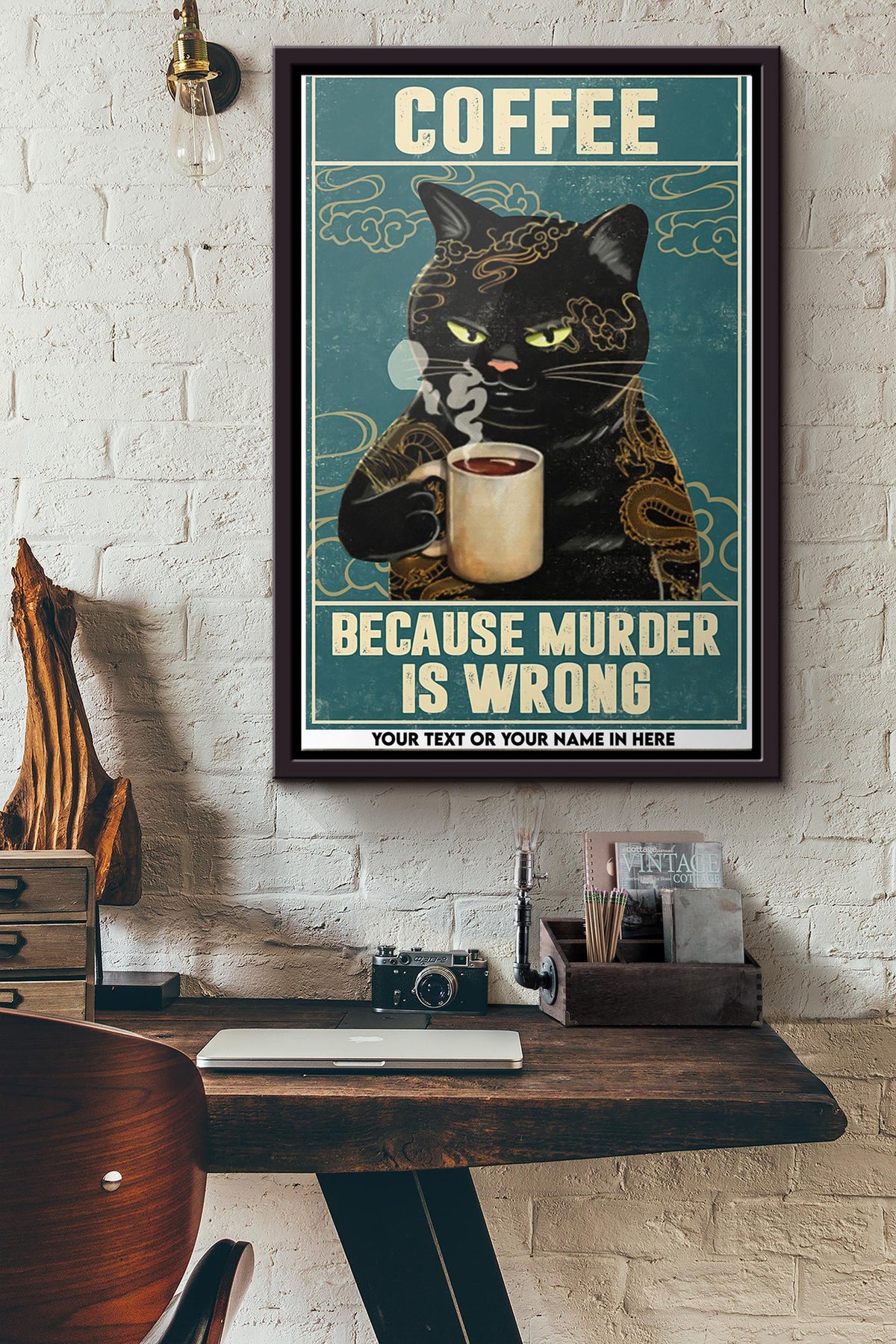 Cat Coffee Because Murder Is Wrong Poster Framed Matte Canvas