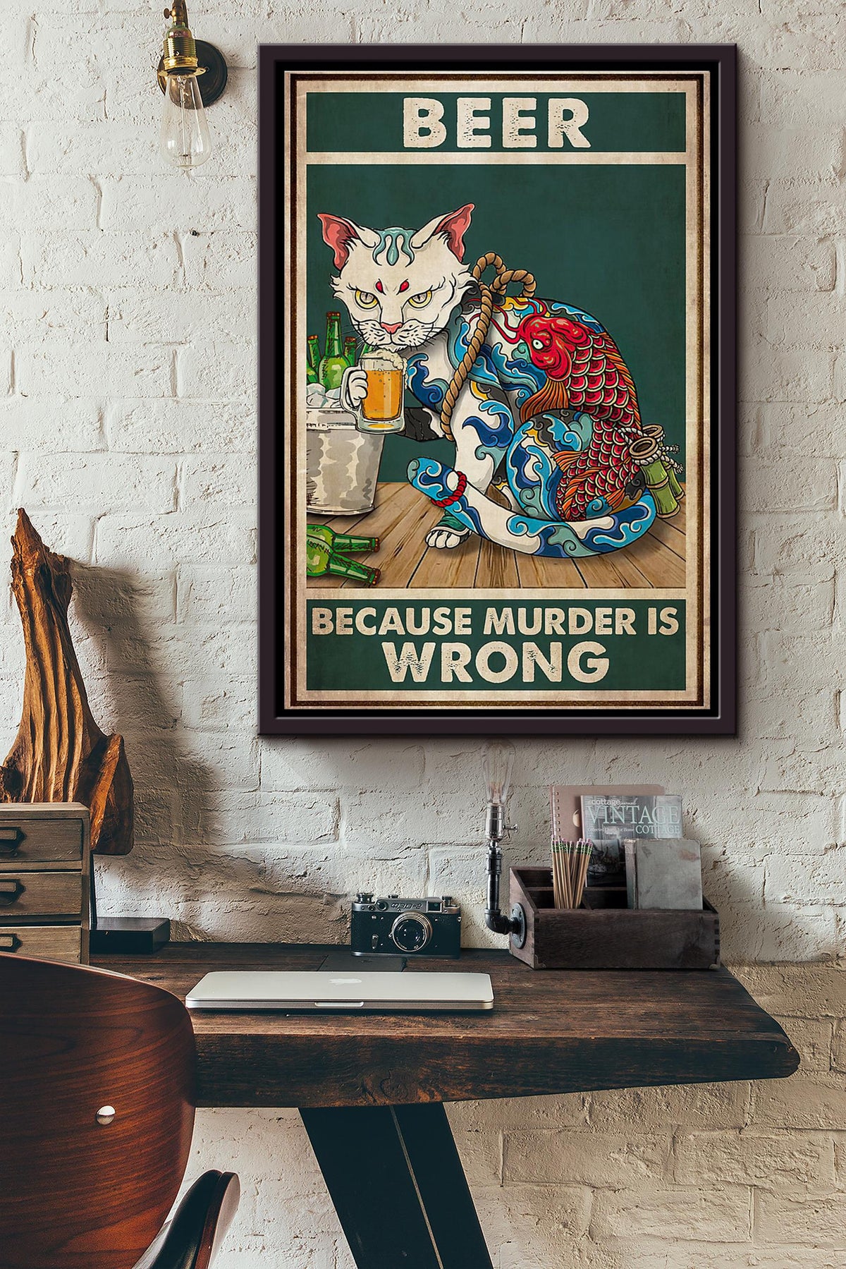 Cat Tattoo Beer Because Murder Is Wrong Vintage Poster Framed Matte Canvas