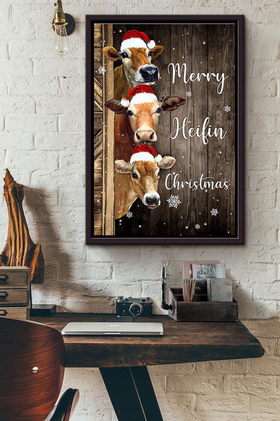 Merry Heifin Christmas Cow Poster Framed Matte Canvas